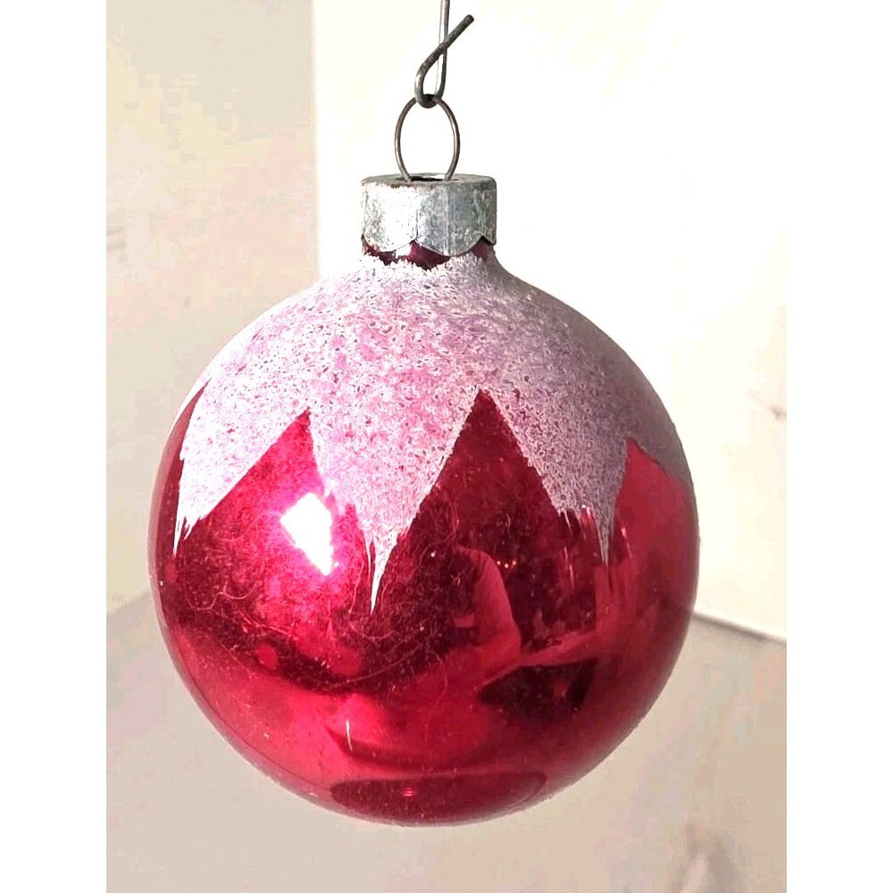 Vintage Christmas Ornament Red Glass Ball Mica Snowcap 2.5" Made In USA